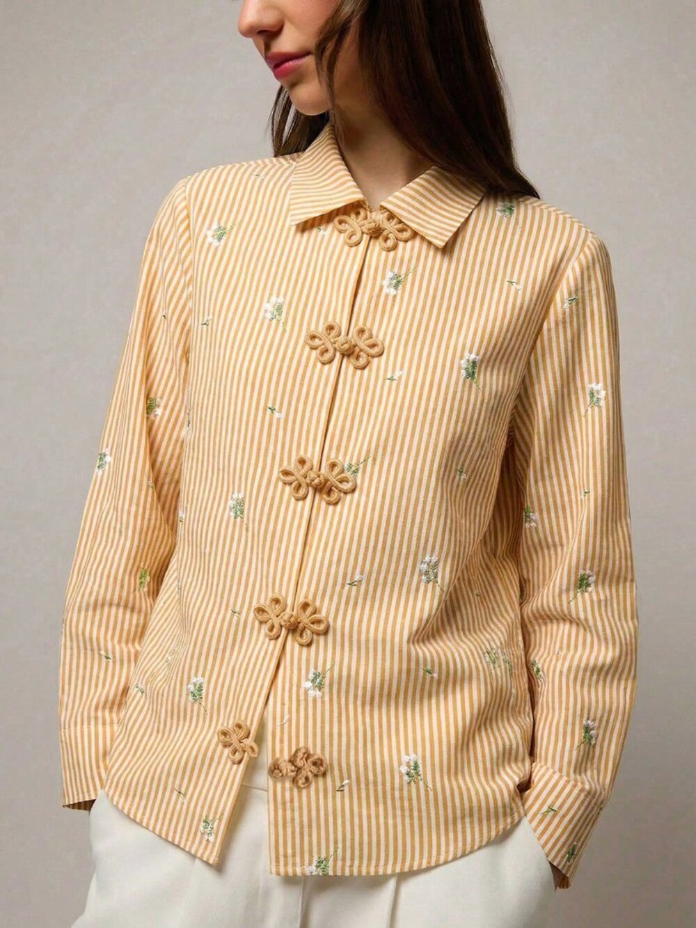 Yellow Casual Women's Blouse with Chinese Buttons, Striped & Floral Print - Picture 5 of 6
